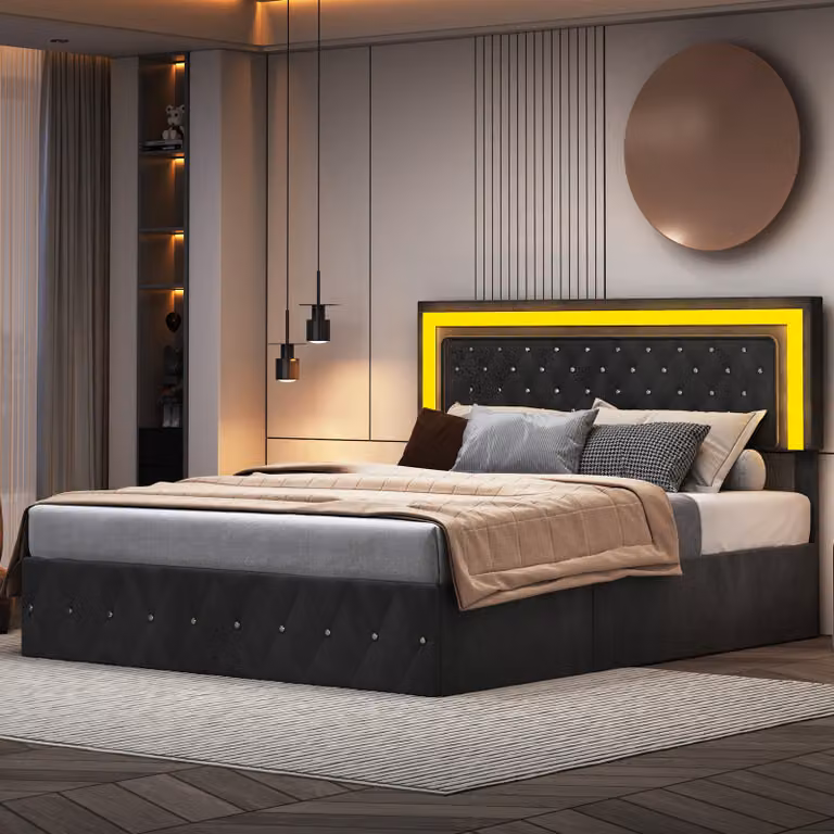 Letto imbottito CDGlobal con testata regolabile in altezza, letto matrimoniale contenitore con illuminazione LED e rete a doghe, velluto, 160x200cm