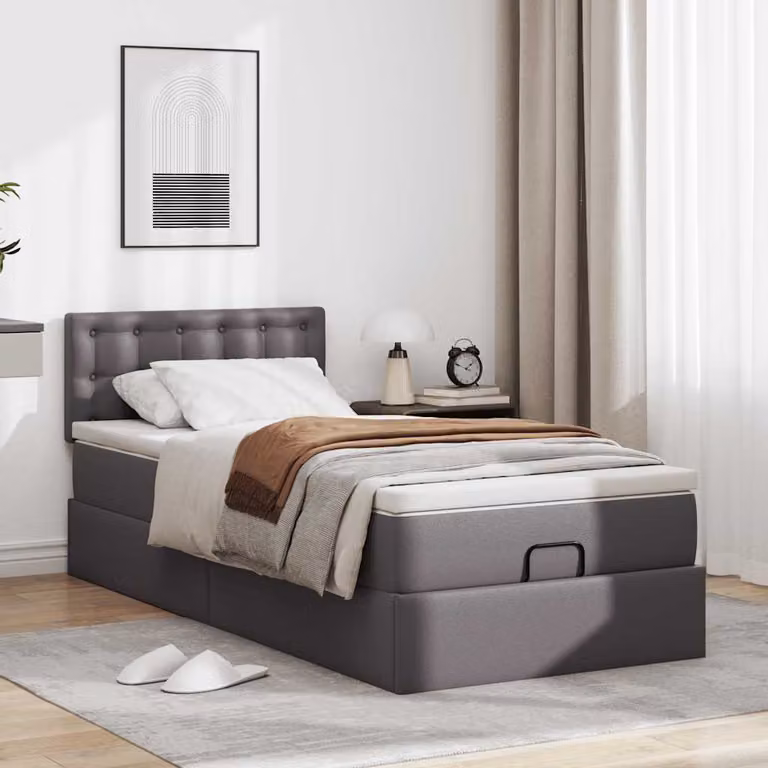 Struttura Letto Pouf con Materasso Grigio 90x200 cm Pelle finta