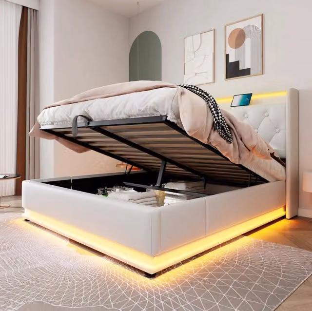 Letto 160x200 cm con LED, contenitore idraulico e materasso in PU bianco