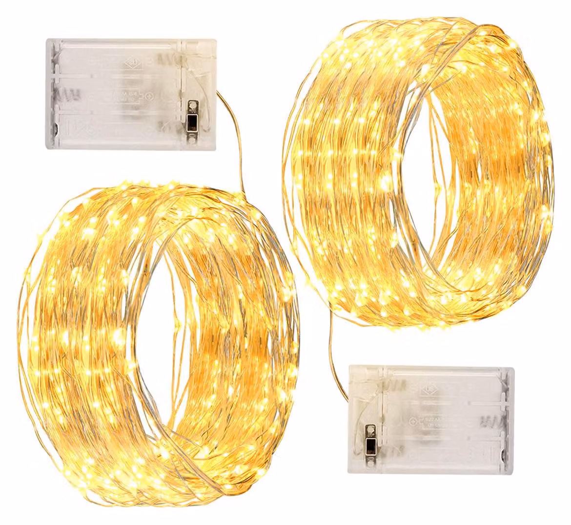 Catena luminosa a LED, 24 metri, 240 luci bianche calde, confezione da 2, alimentata a batteria