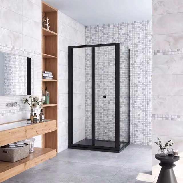 185cm Box Doccia Angolare Porta a Soffietto con Parete Fissa 100x70cm in Vetro Temperato Trasparente 5 mm Profilo Nero Opaco