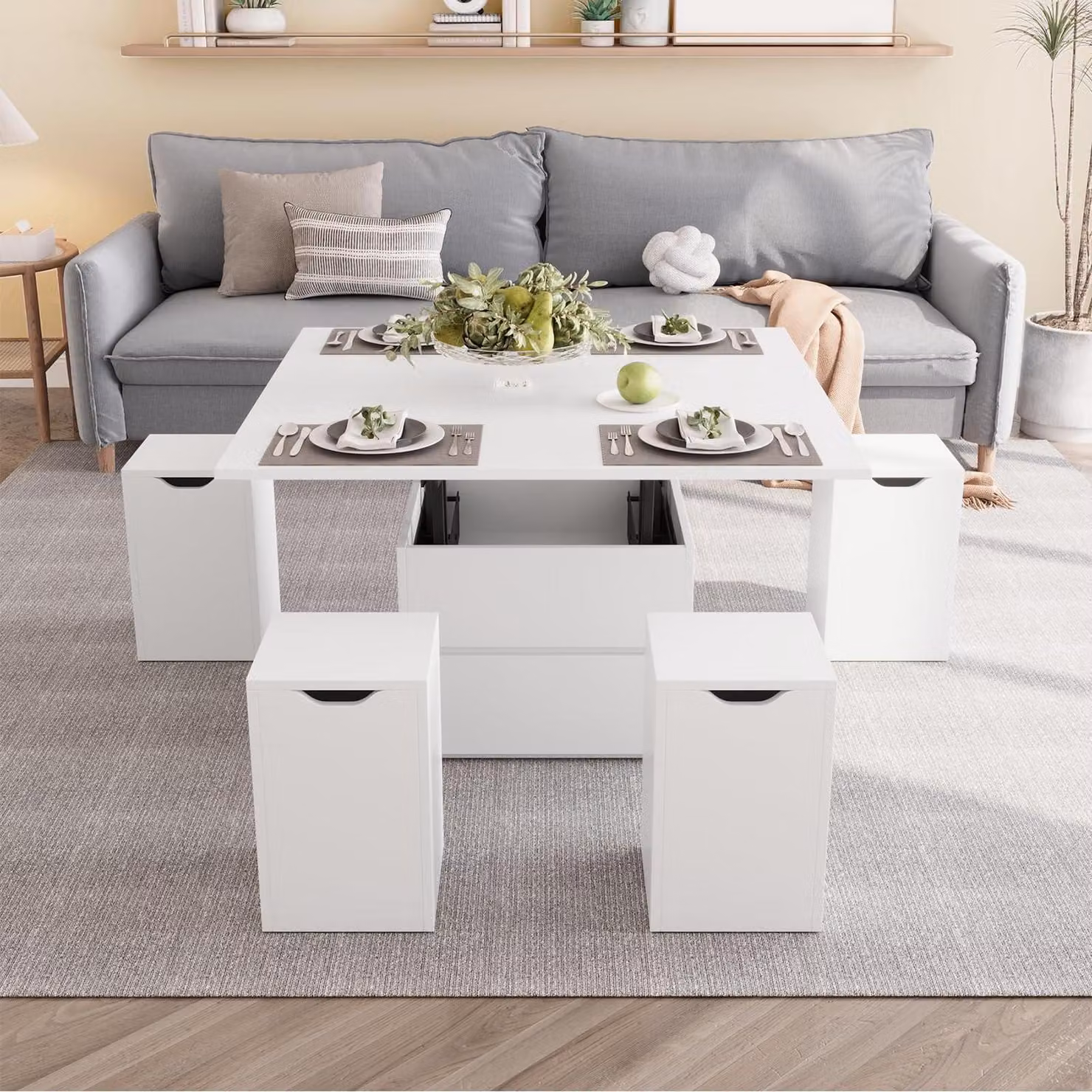 Tavolino da divano regolabile in altezza, con poggiapiedi, bianco, in legno, dimensioni 39,4'' x 39,4''