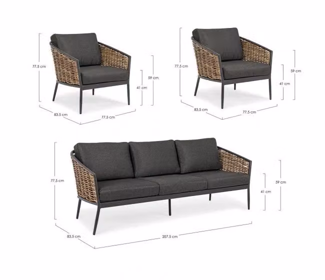 Set Salotto da Giardino GIORDANOSHOP Maribela Antracite con Divano a 2 Posti, 2 Poltrone e Cuscini in Tessuto Olefin e Alluminio Verniciato a Polvere – 2