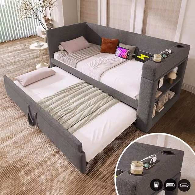 Divano letto-Xylo-90x190 cm-ribaltabile, USB-C, portabicchieri, misto lino, grigio