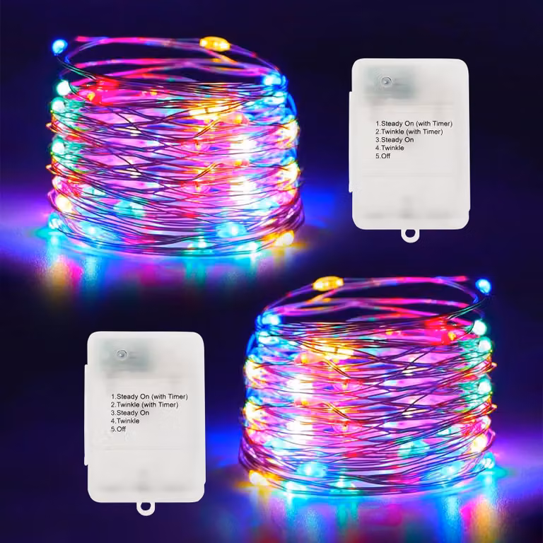 Confezione da 2 catene luminose, lunghezza 5 metri, 50 LED, filo argentato, con timer, impermeabili, multicolore