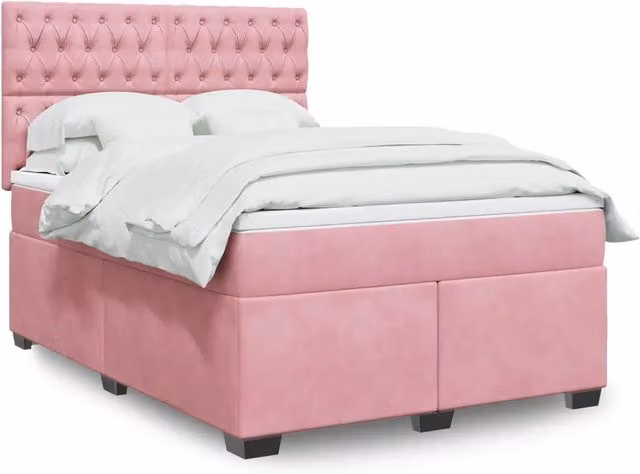 Letto con Giroletto a Molle e Materasso Ibrido vidaXL in Velluto Rosa e Bianco L/P: 140 x 200 cm