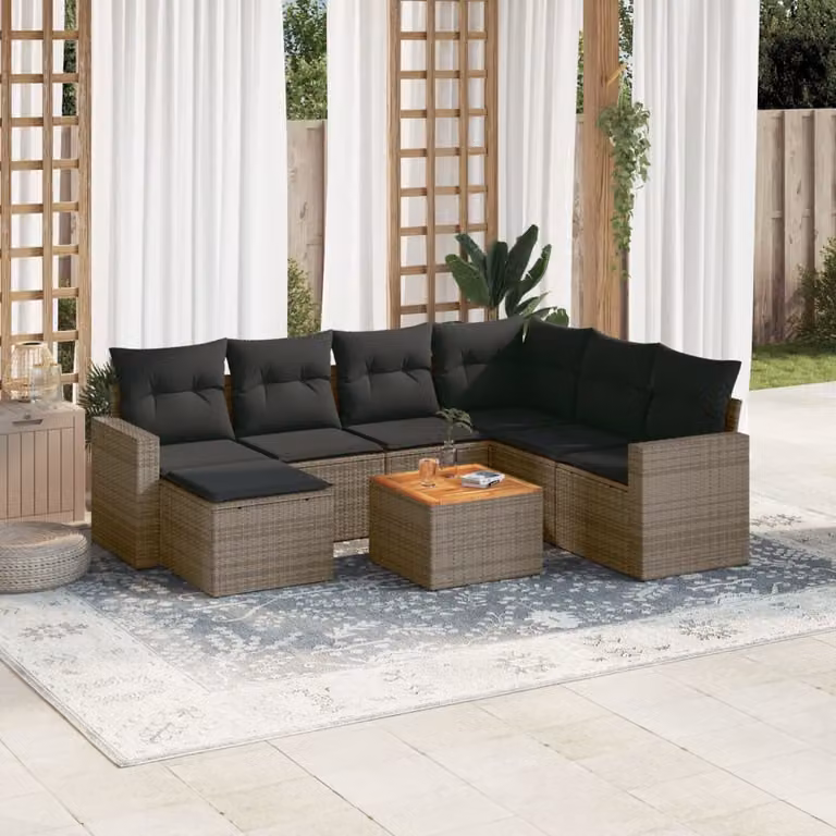 vidaXL Set Divano da Giardino a L 8 pz in Polyrattan Grigio con Cuscini e Tavolino
