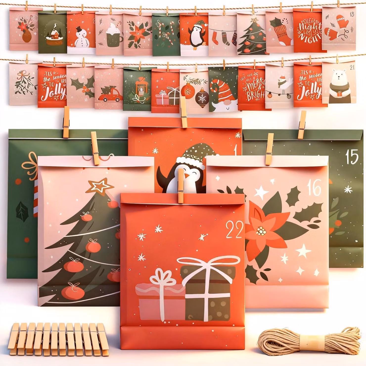 Calendari dell'Avvento da riempire, confezione da 24 pezzi. Sacchetti di carta fai-da-te con mollette di legno e spago