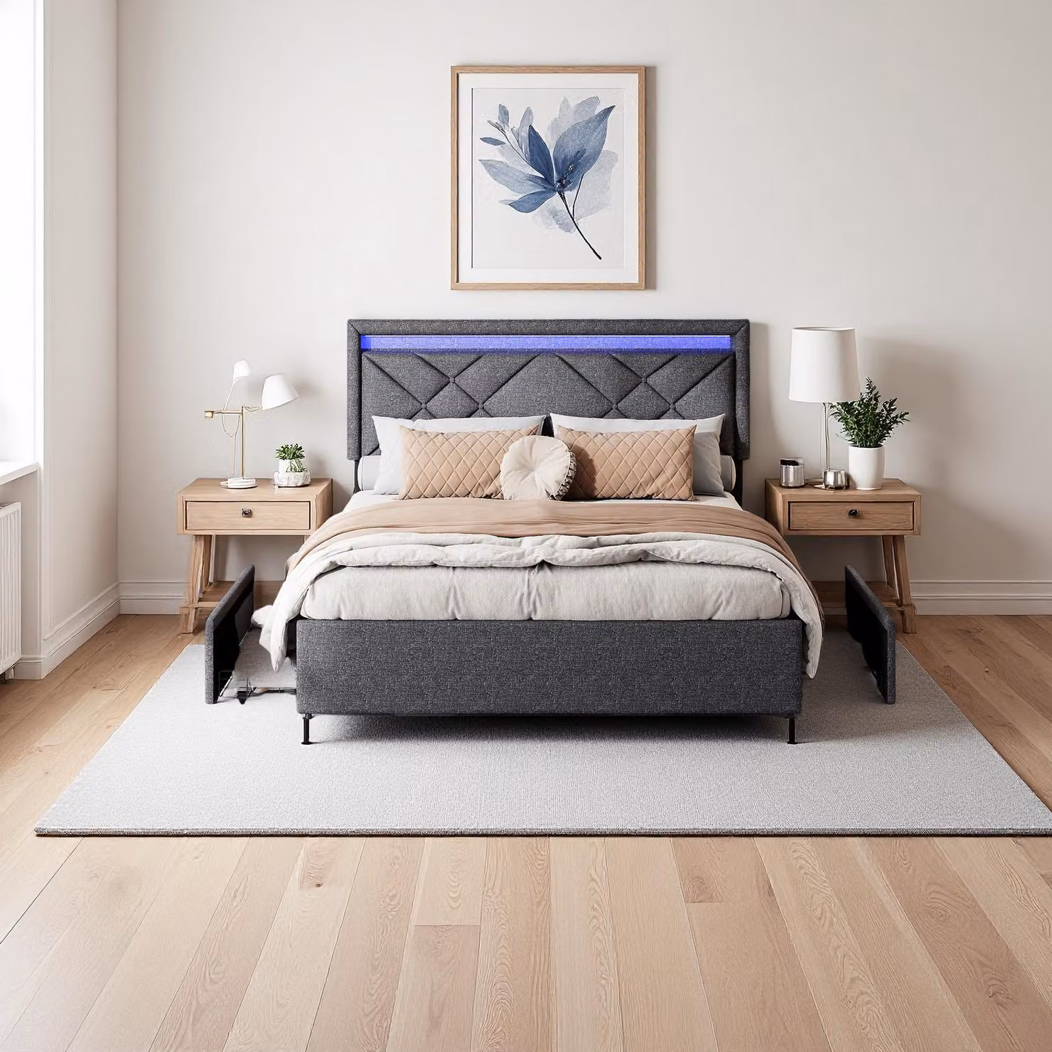 Letto matrimoniale 160x200 cm in lino grigio scuro con LED, USB e Type-C, testiera moderna e 4 cassetti in metallo per il contenimento