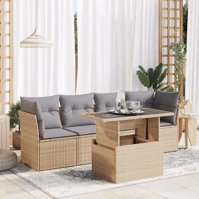 Set Divano da Giardino 5 Pezzi vidaXL con Cuscini Beige e Tavolino in Polyrattan e Metallo