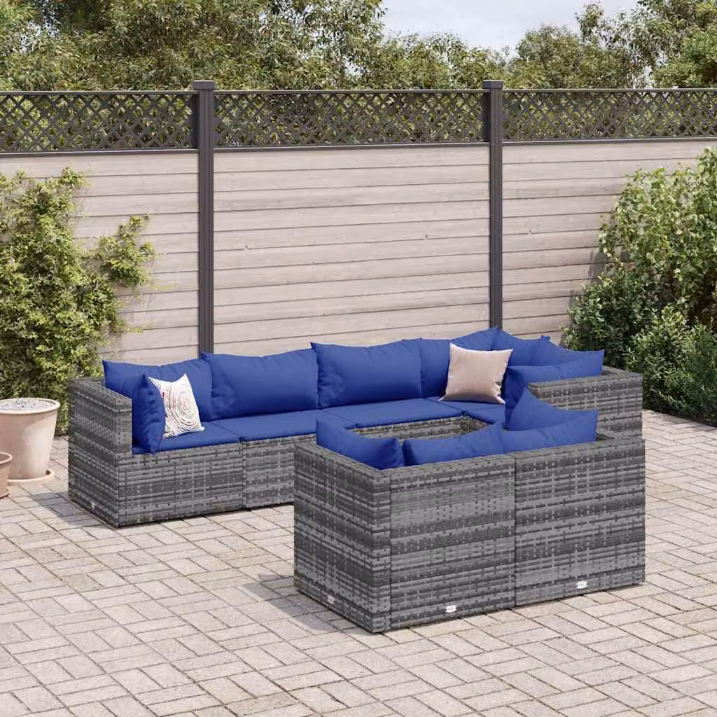 Set Divani da Giardino vidaXL 7 pz a Forma a L con Cuscini Blu e Grigio in Polyrattan e Metallo