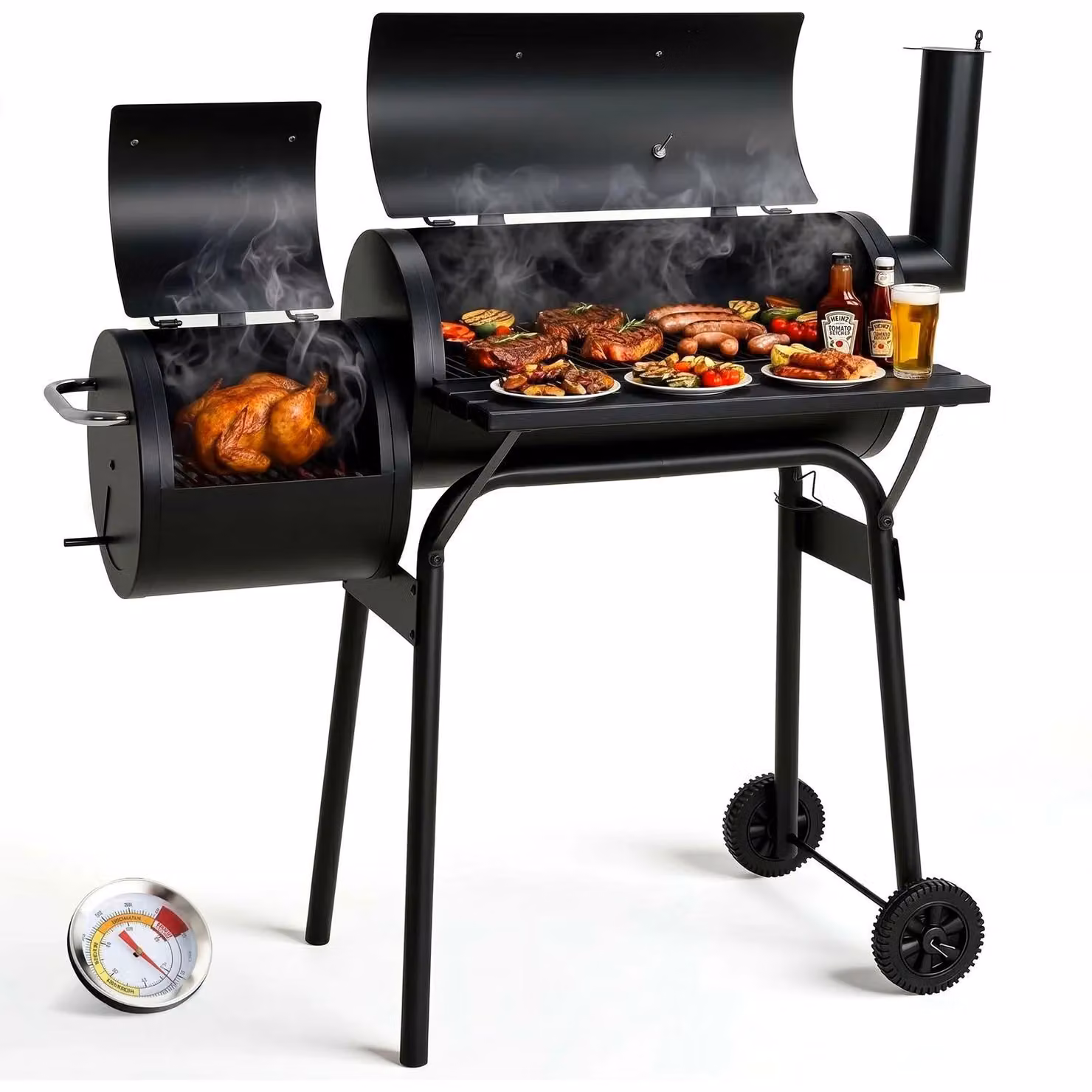 Barbecue e affumicatore 2-in-1 - Carrello per barbecue - Coperchio con camino, termometro - Ripiano - Fessure di ventilazione - Nero