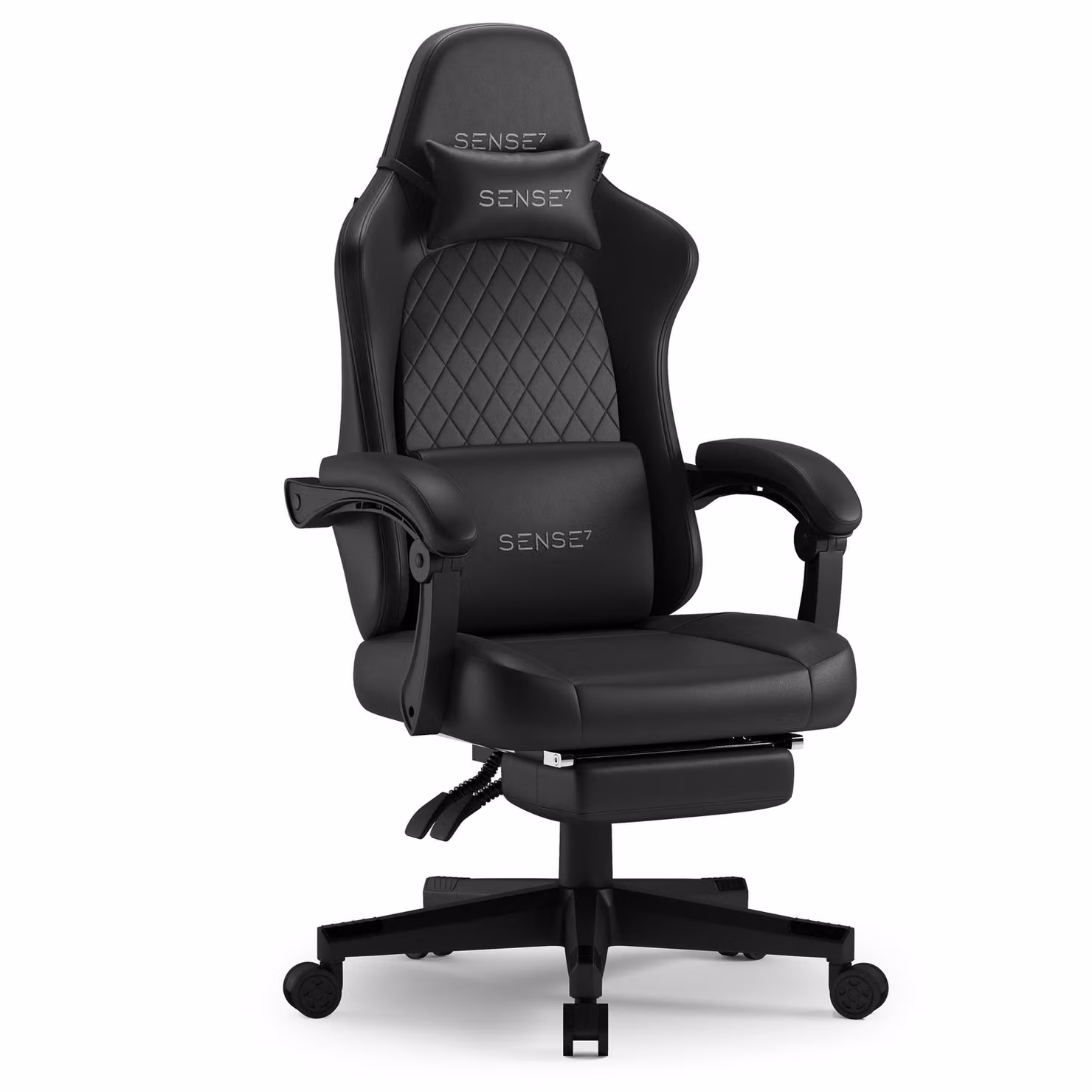 SENSE7 Devon Sedia da gioco in Pelle finta nera - Sedia da ufficio ergonomica con poggiapiedi Sedia da scrivania per PC Sedia da gaming in pelle 120 kg