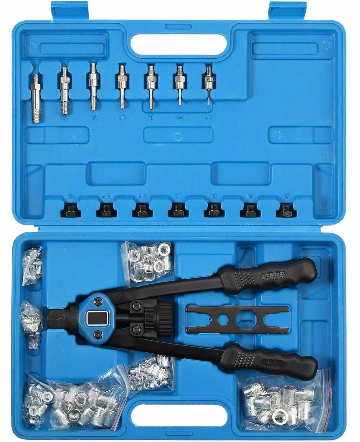 Set di strumenti per la nitratura manuale, composto da 7 punzoni e 110 dadi-bulloni autoperforanti M3-M12, con manici da 33 cm, confezionato in una scatola blu