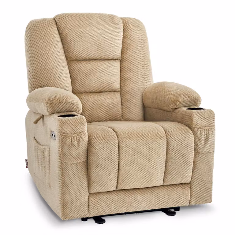 M MCombo poltrona TV regolabile elettricamente, poltrona con funzione reclinabile, poltrona TV con funzione massaggio e calore, USB e portabicchieri, soggiorno, tessuto, 7008 (beige)