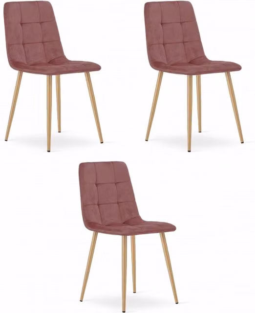 Set di 3 sedie Valora PYRA in velluto rosa con gambe in legno per soggiorno e ufficio, L/P/H: 49 x 50,5 x 87 cm
