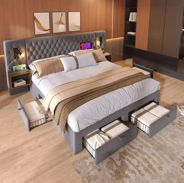 Letto imbottito 180x200 cm in velluto grigio con 4 cassetti; 2 comodini; luci lettura e USB Type-C