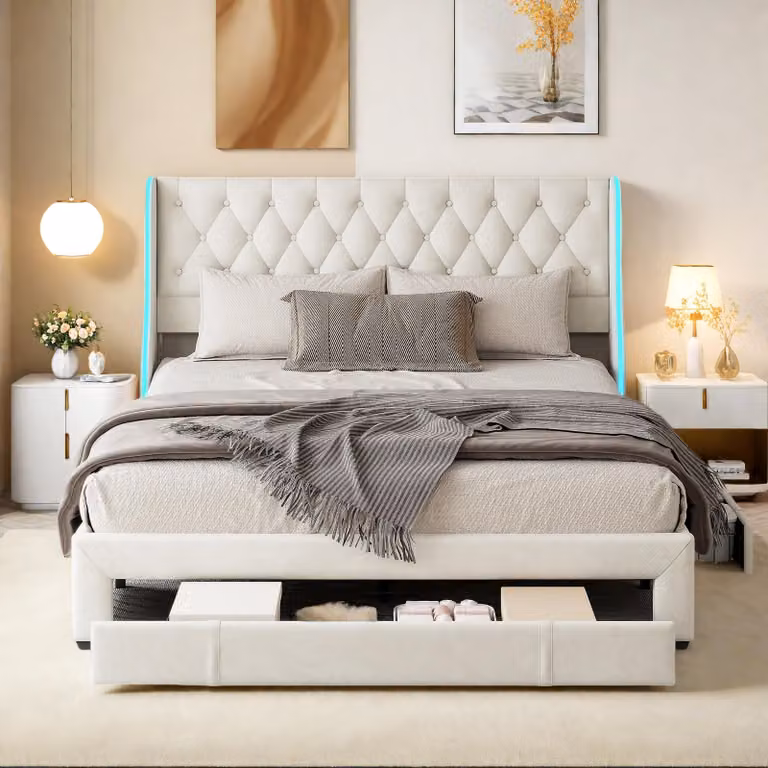 Letto imbottito Fortuna Lai 160x200cm, letto matrimoniale con rete a doghe e 3 cassetti, illuminazione a LED, letto contenitore con rivestimento in velluto, struttura letto in legno beige per camera dei ragazzi
