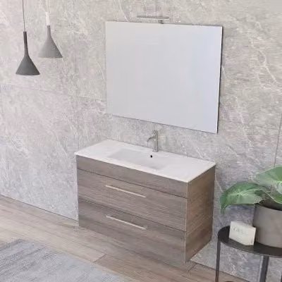 Mobile bagno sospeso moderno con lavabo e specchio LED marrone legno L: 100 cm, P: 43 cm, H: 53,5 cm