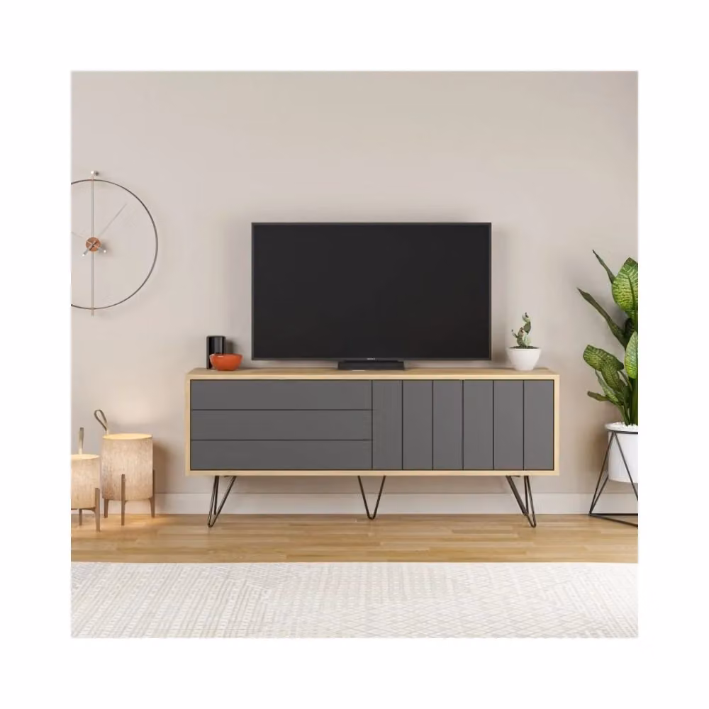 Mobile porta TV Piccadilly con due ante a ribalta, colore rovere antracite, L: 139 cm, P: 36 cm, H: 57 cm – 2