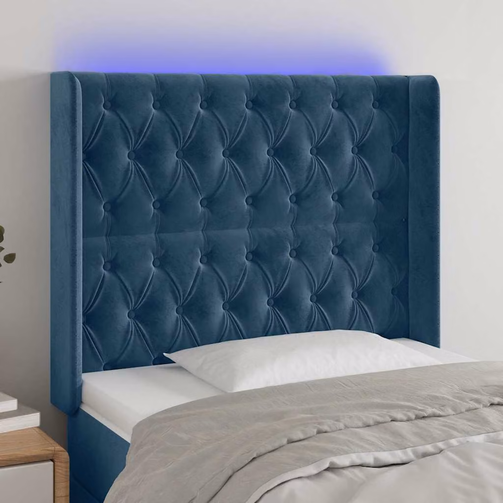 Testiera per letto vidaXL in velluto blu con illuminazione LED e porta di ricarica USB, L 103 cm, P 16 cm, H 118-128 cm