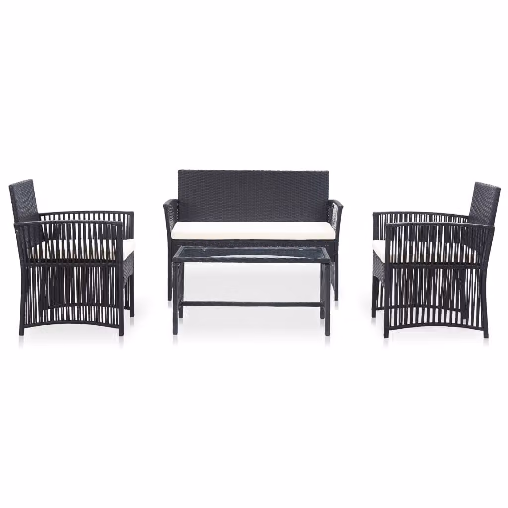 set 4 pezzi da giardino con cuscino in rattan nero