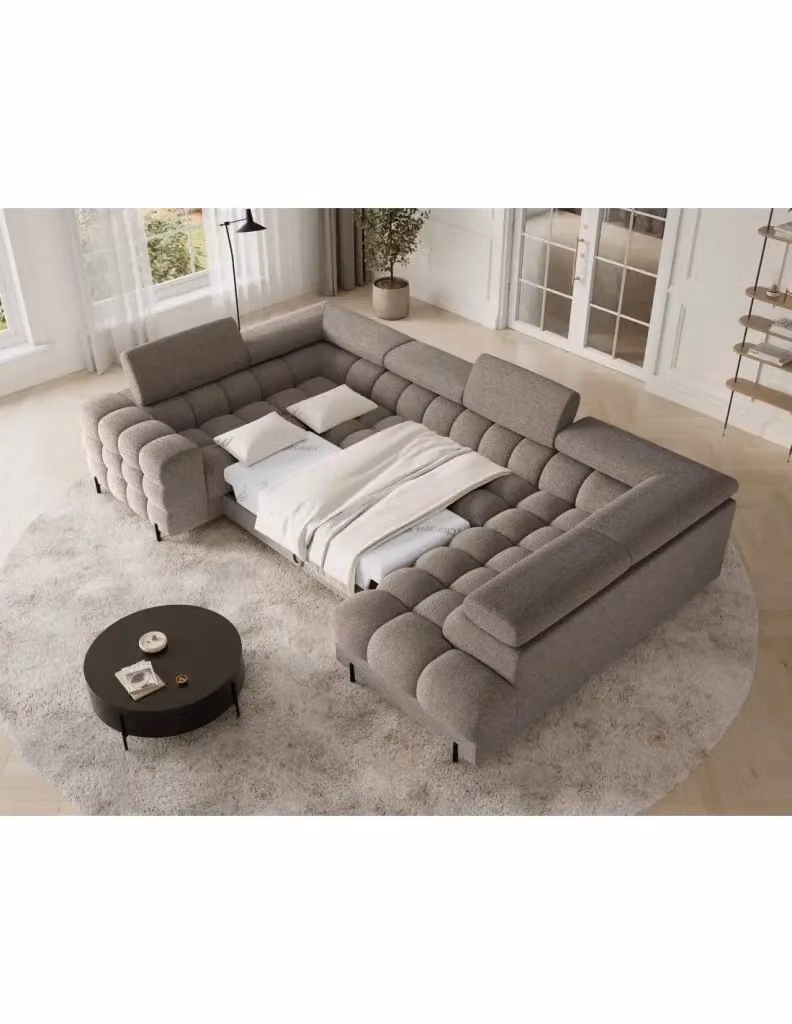 Divano panoramico convertibile FACTORY MEUBLORAMA marrone con angolo destro e contenitore, forma a U con funzione letto e coperture rimovibili, L: 346 cm x P: 205 cm x H: 93 cm – 2