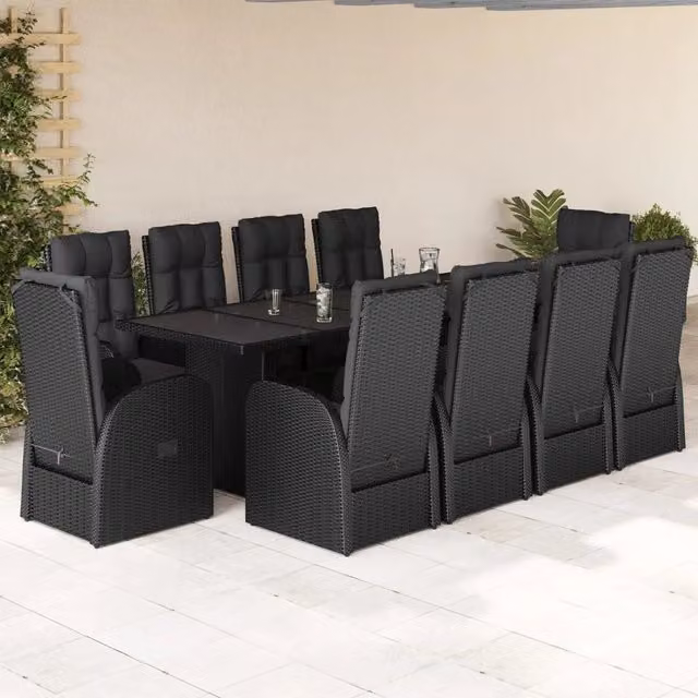 Set da Pranzo da Giardino Moderno vidaXL in Polyrattan Nero con Cuscini e Tavolo in Vetro, 11 Pezzi