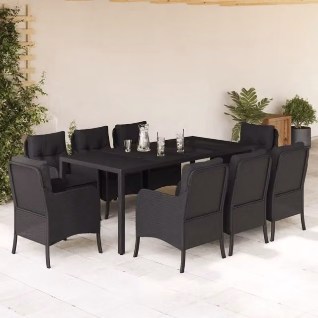 Set da pranzo da giardino moderno vidaXL in polyrattan nero con cuscini e tavolo in vetro, 9 pezzi – 1