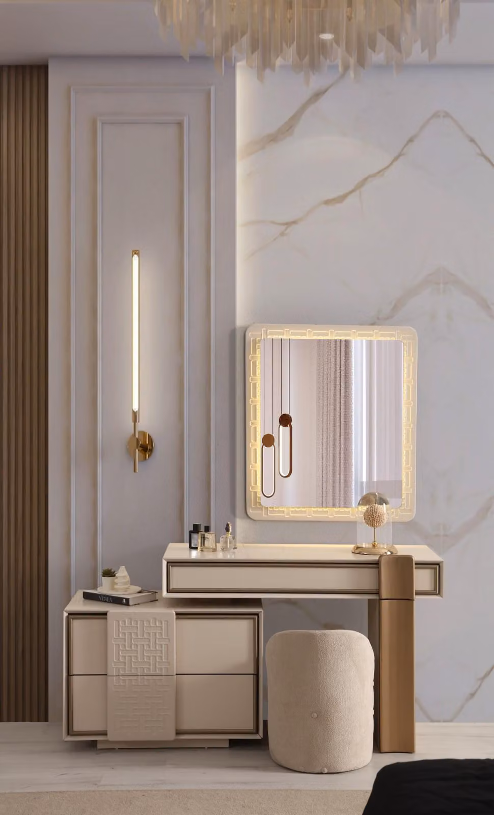 Beiger Schminktisch Luxuriöser Spiegel Schlafzimmer Set Edle Möbel