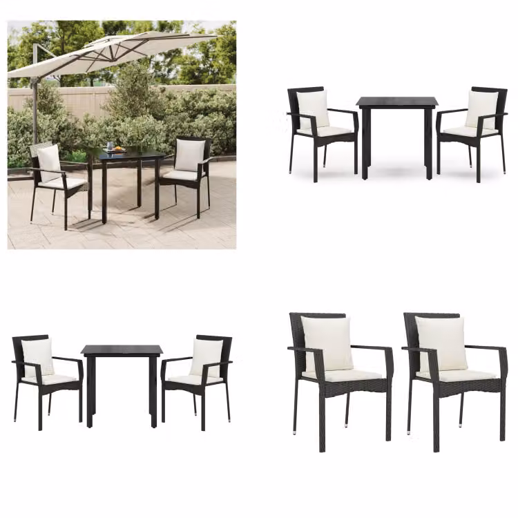 vidaXL Set da pranzo da giardino 3 pezzi con cuscini in poly rattan nero - Set da pranzo da giardino - Set da pranzo da giardino - Set da pranzo da terrazza