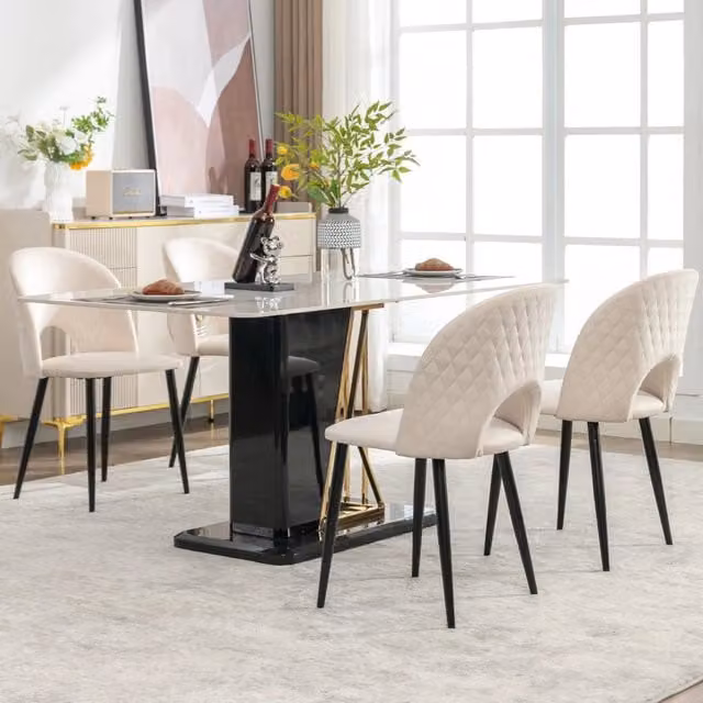 Sedia da pranzo OKWISH imbottita in velluto beige con motivo geometrico e struttura in metallo e legno