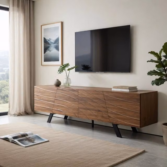 Cassettiera per TV moderna KOMHTOM in MDF e metallo, colore marrone, L: 160 cm, P: 39 cm, H: 50,5 cm – 1