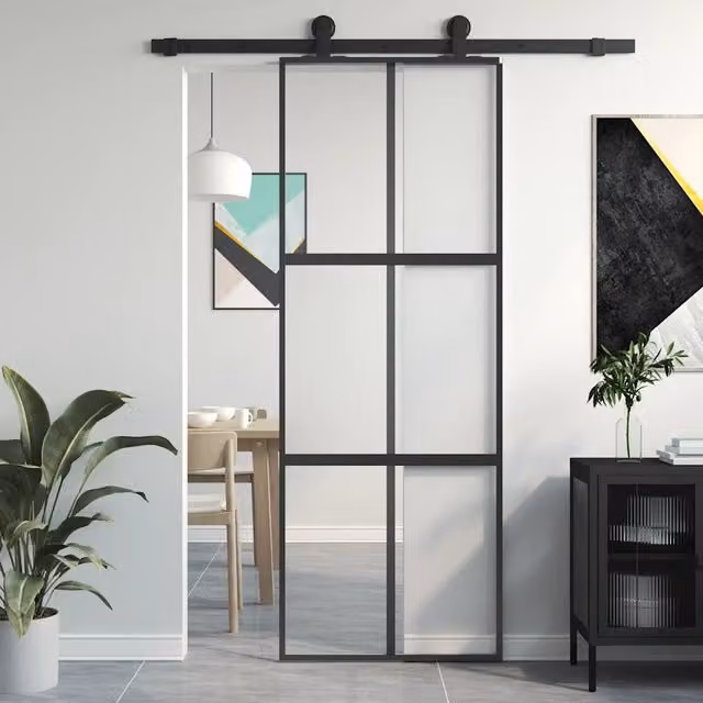Porta Scorrevole vidaXL in Vetro Trasparente e Alluminio Nero L: 76 cm, H: 205 cm