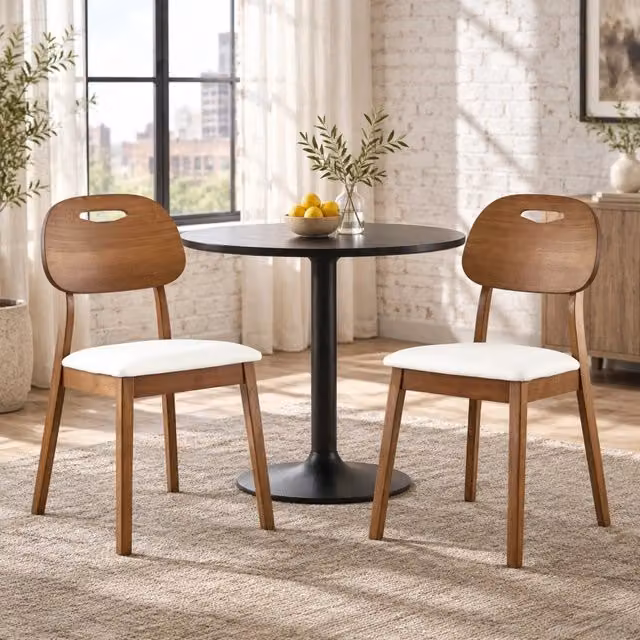 Set 2 sedie da pranzo ULEVR con schienale ovale e maniglia, seduta imbottita in PU, legno di gomma bianco