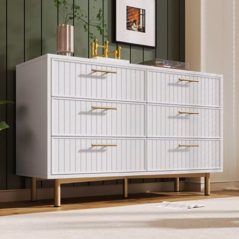 Comodino in metallo con 6 cassetti – Mobile portaoggetti e contenitore – Bianco con dettagli dorati – Larghezza 120 cm – Non richiede montaggio