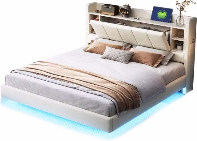 Letto matrimoniale 160x200 cm con LED; presa USB e testiera contenitore in tessuto beige