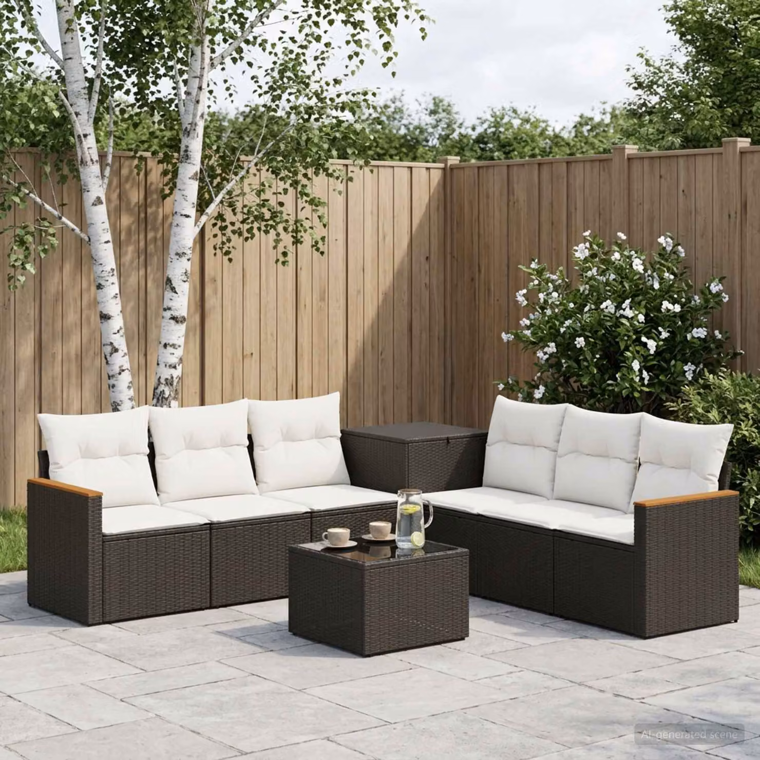 Set di divani da giardino vidaXL a forma di U in polyrattan con tavolino e cuscini, Nero e Bianco Crema