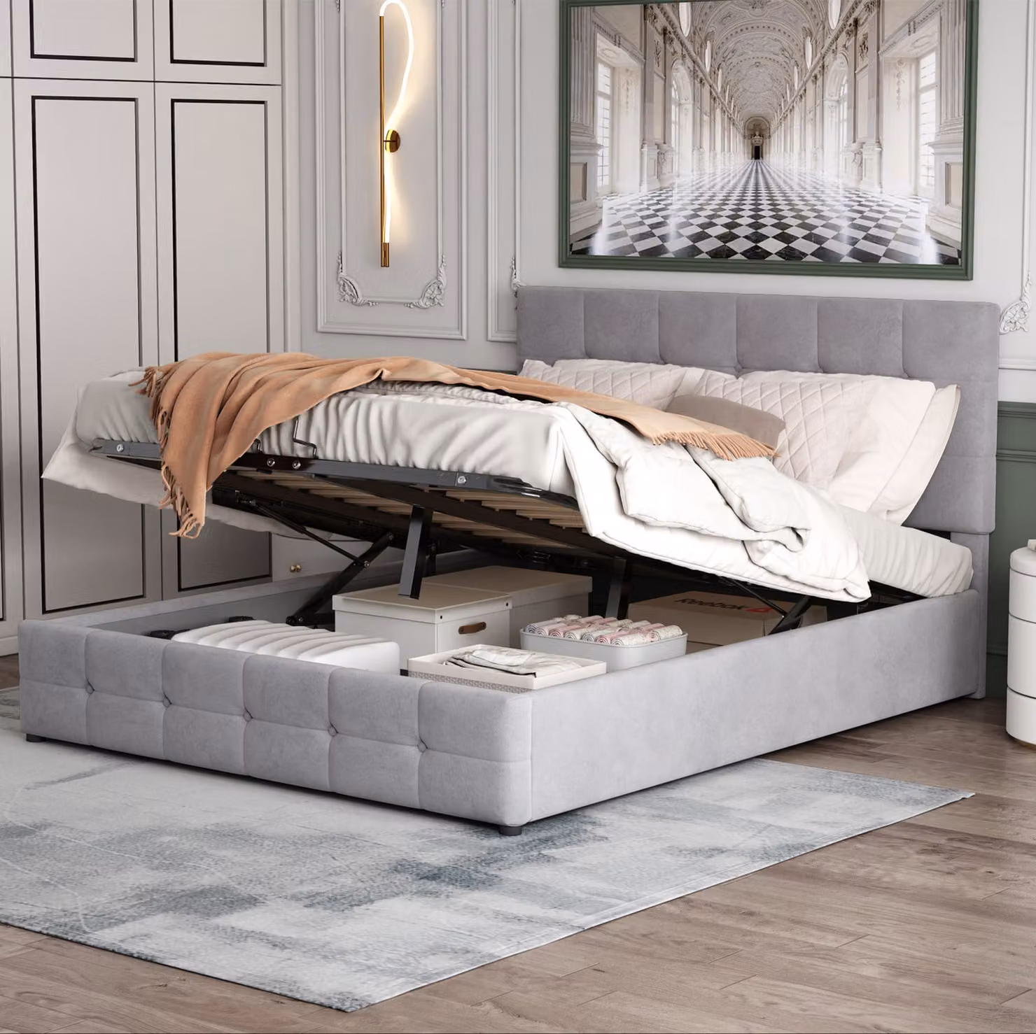 okwish letto imbottito 140*200 letto matrimoniale con sollevamento idraulico letto spazio di archiviazione, griglia a doghe in metallo tessuto velluto letto giovanile grigio
