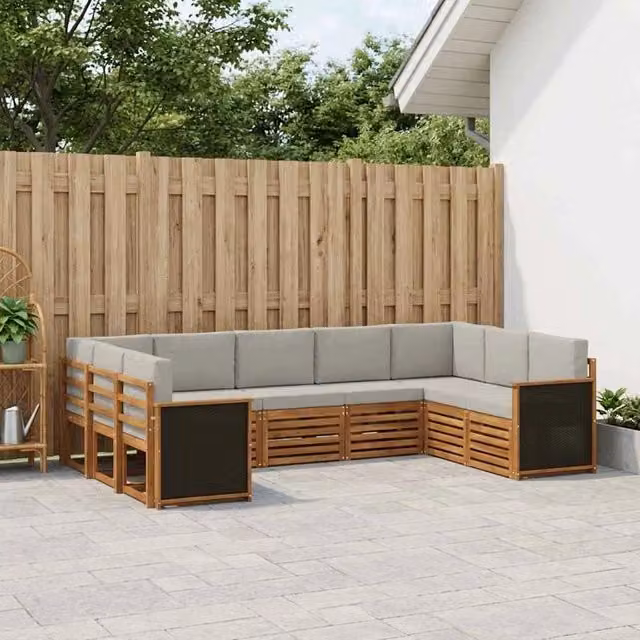 Set di divani da esterno a L vidaXL in legno di acacia con cuscini, beige e grigio