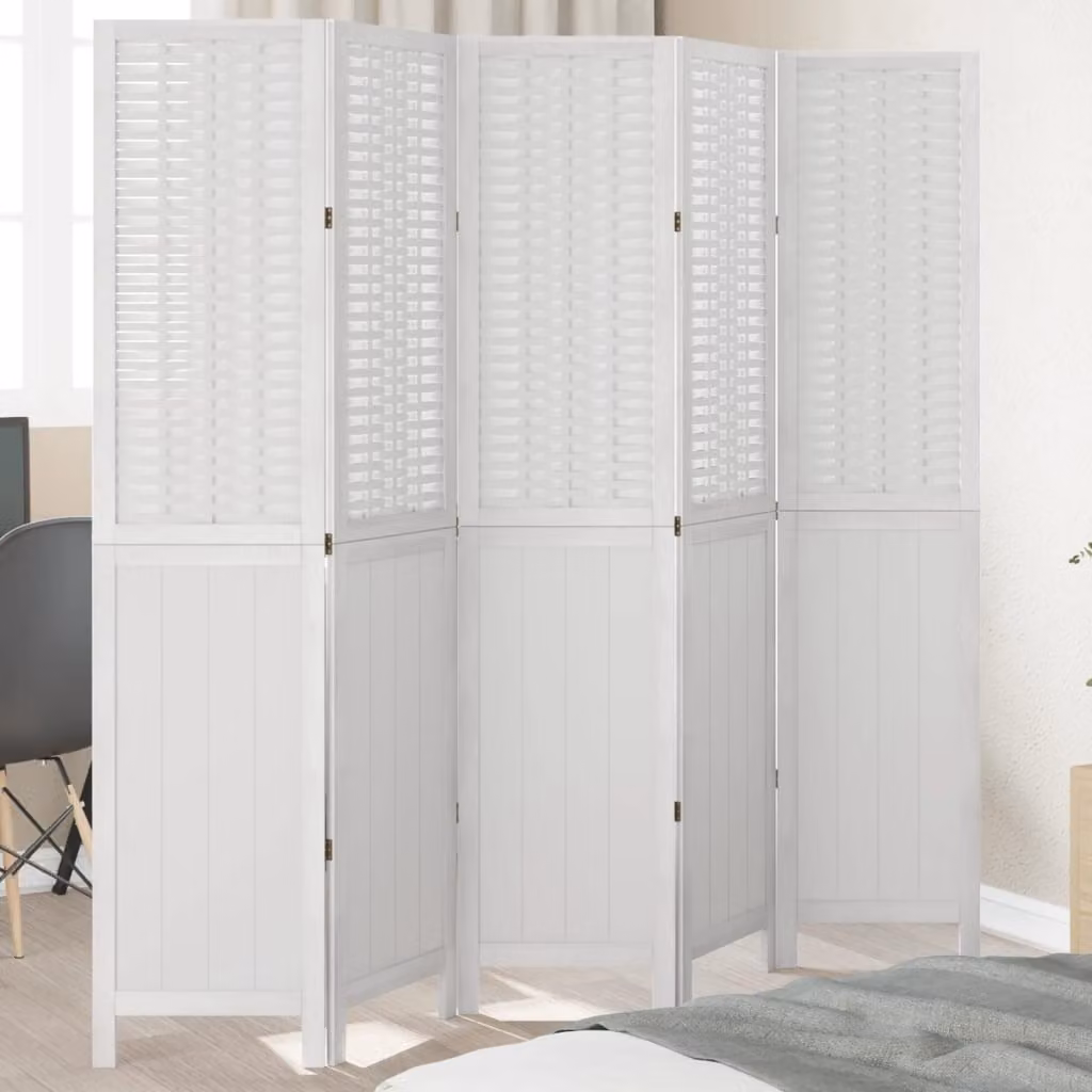 Divisorio Ambienti vidaXL a 5 Pannelli in Legno di Paulownia e Rattan Bianco