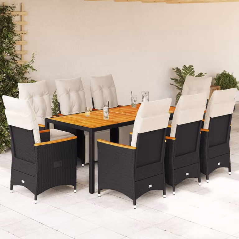 Set Bistrò da Giardino vidaXL 9 pz in Polyrattan e Legno di Acacia Nero e Bianco
