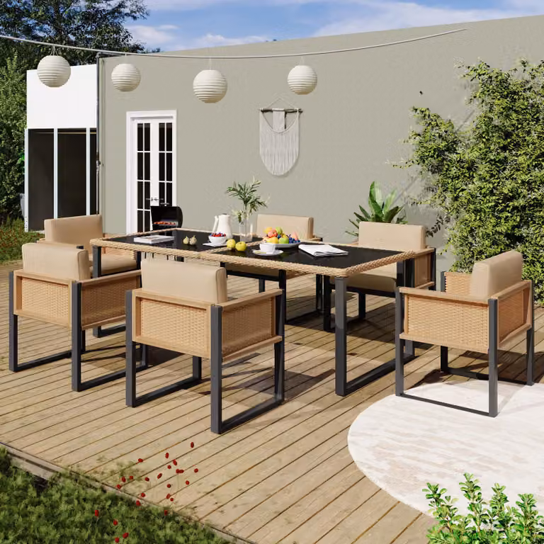 Set da pranzo Merax in polyrattan per 6 persone, mobili da giardino sfoderabili in tessuto - Design elegante e robusto per uso esterno