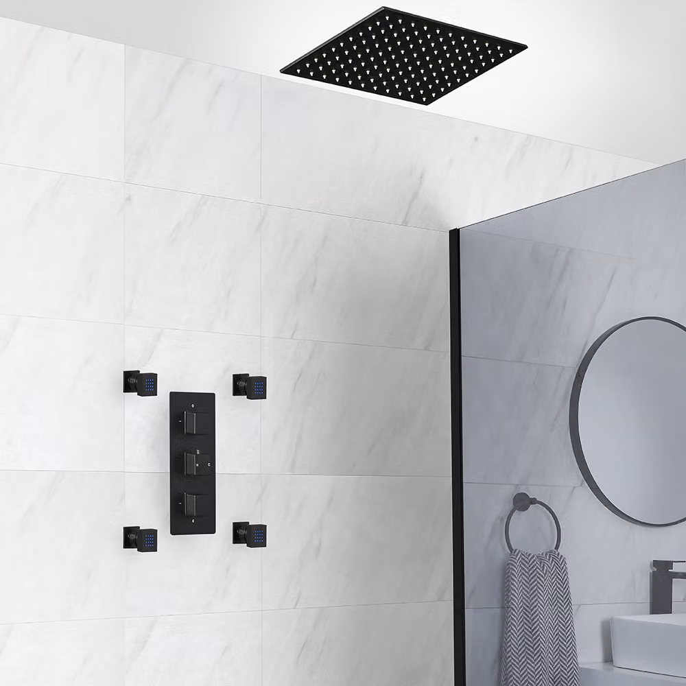 Sistema Doccia Termostatico Nero con Soffione Doccia Incasso e Idrogetti (2 Vie) - Preto
