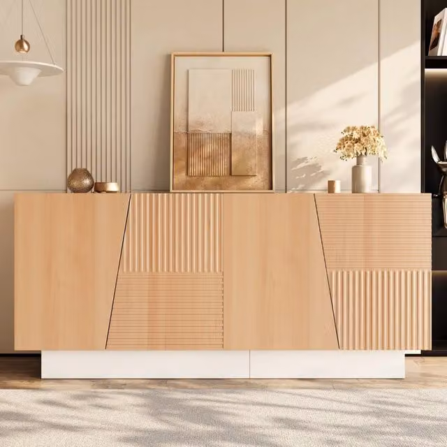 Credenza e madia moderna con 4 ante scanalate e ripiani regolabili per soggiorno e sala da pranzo, bianco e beige