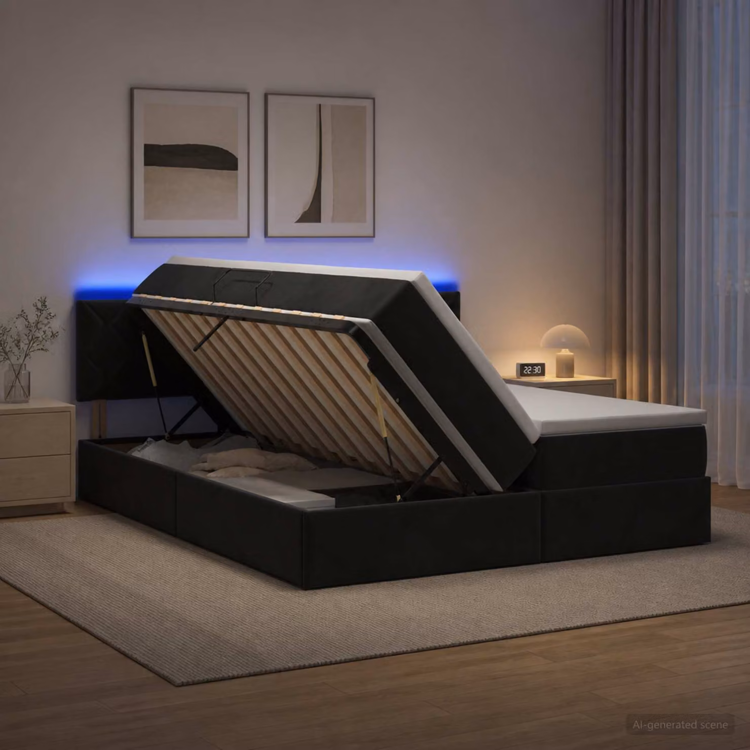 Letto con contenitore e materasso vidaXL in velluto nero con illuminazione LED e porta USB, L/P/H: 180 x 200 x 204 cm