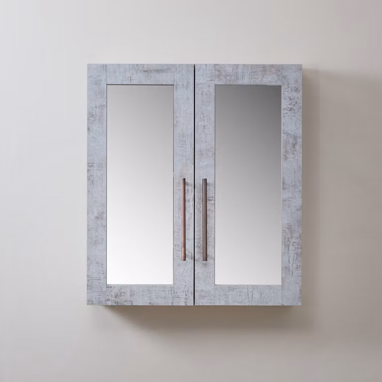 Mobiletto a Specchio da 900mm x 650mm Grigio Cemento - Completo di Maniglie con Impugnature a Dito in Bronzo Spazzolato - Cluo