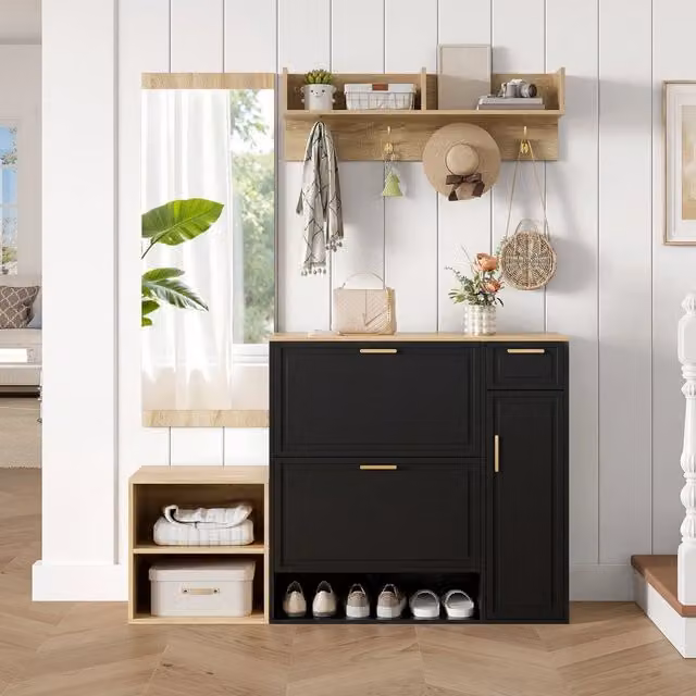 Set di mobili per ingresso SINGULARTY composto da 4 pezzi con scarpiera, panca, appendiabiti e specchio, nero e marrone opaco, H 174 x L 130 x P 30 cm