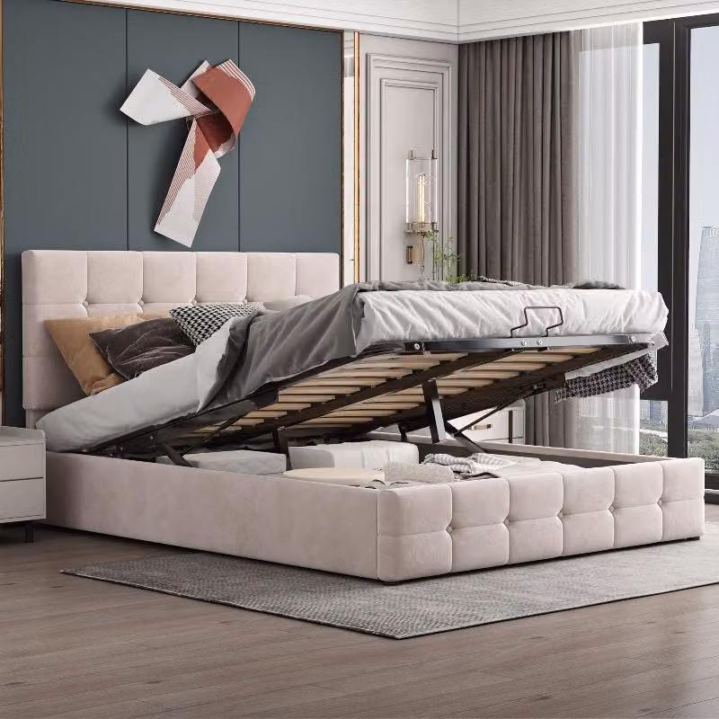 Letto imbottito 140x200 cm con spazio contenitore a sollevamento idraulico, poggiatesta regolabile in altezza, rivestimento in velluto e struttura a rete metallica, colore crema, ideale per la camera da letto
