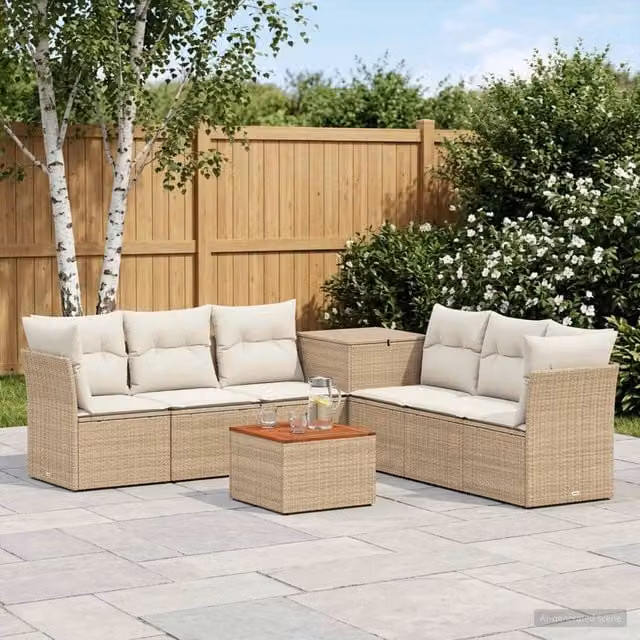 Set di mobili da giardino vidaXL in polyrattan composto da 8 pezzi con divano a 3 posti, elementi angolari, tavolino da caffè e pouf in colori beige e bianco – 1